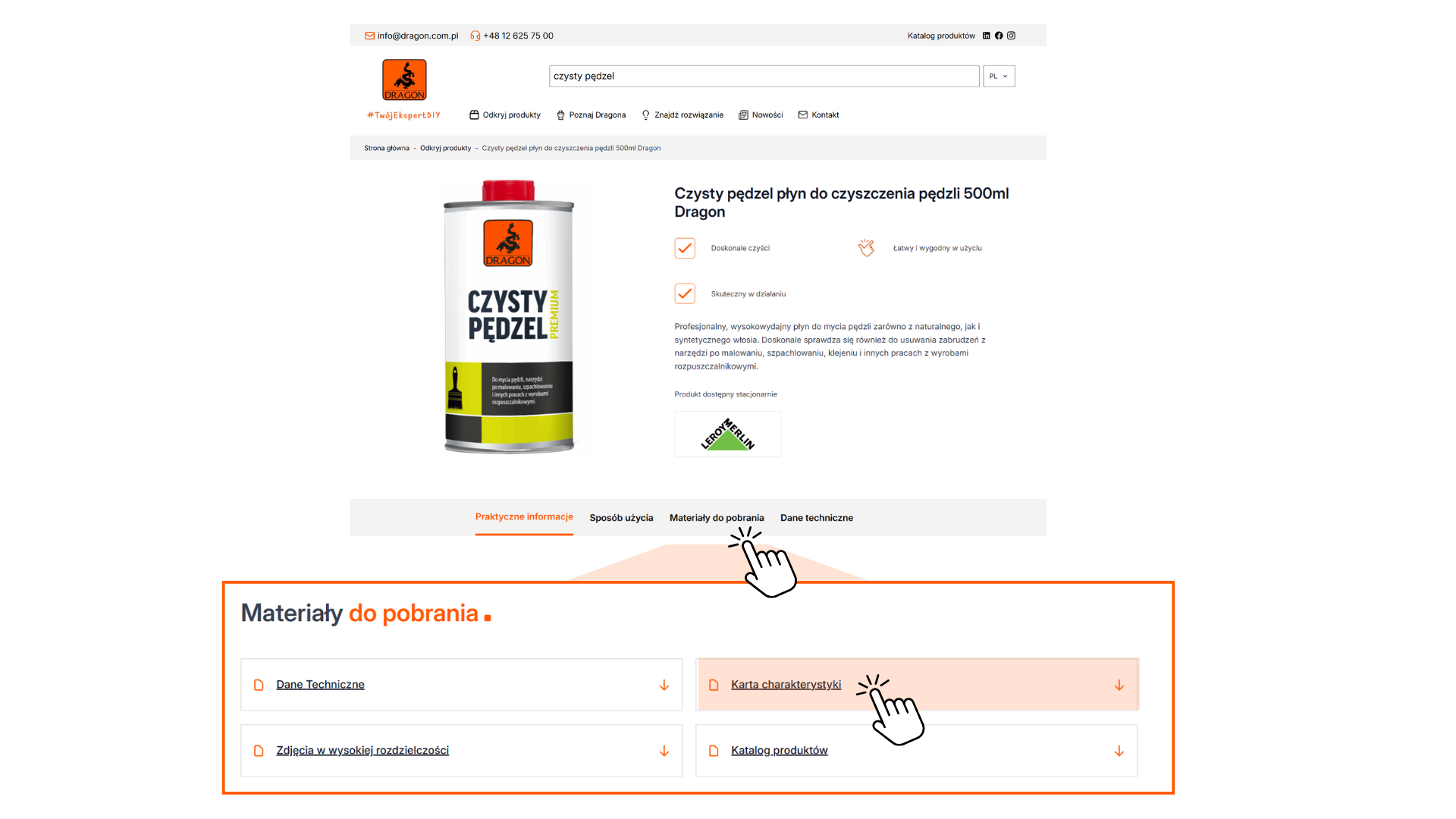 Zrzut ekranu z podglądem podstrony produktu Czysty Pędzel ze wskazaniem miejsc kliknięć, by odnaleźć kartę charakterystyki